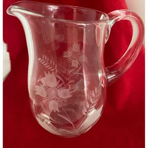 Vintage Etched Floral Clear Glass Flower Decorative Mini Pitcher Jug‎ - 4.5"